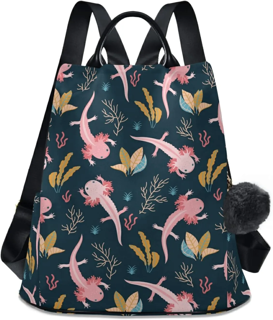 CBBYY Axolotl Backpack Purse for Women Nylon Anti-theft Travel Backpack Lightweight Shoulder Bag with Plush Ball Keychain