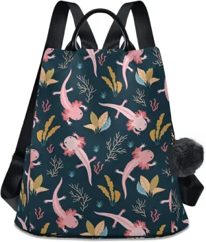 CBBYY Axolotl Backpack Purse for Women Nylon Anti-theft Travel Backpack Lightweight Shoulder Bag with Plush Ball Keychain