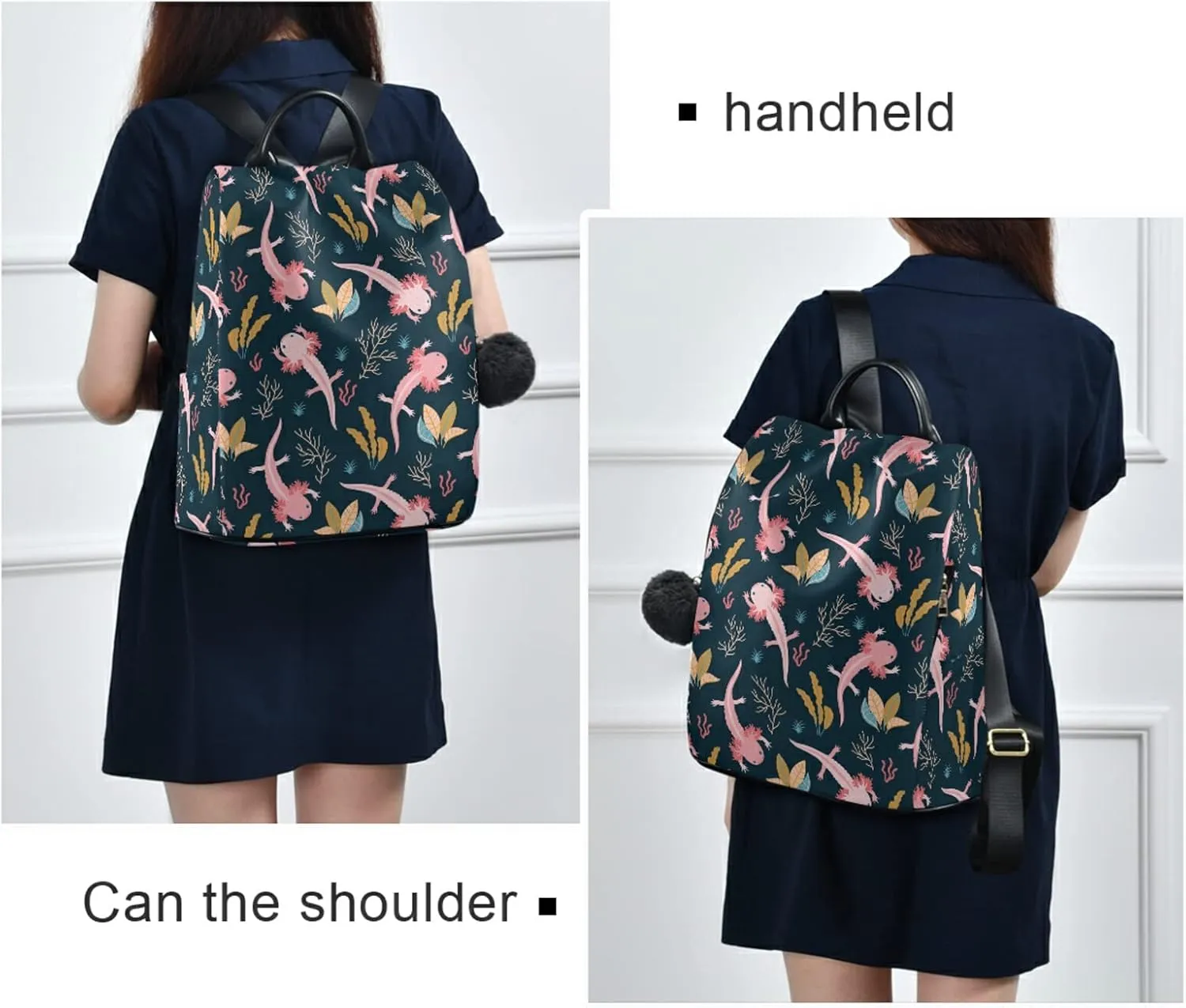 CBBYY Axolotl Backpack Purse for Women Nylon Anti-theft Travel Backpack Lightweight Shoulder Bag with Plush Ball Keychain