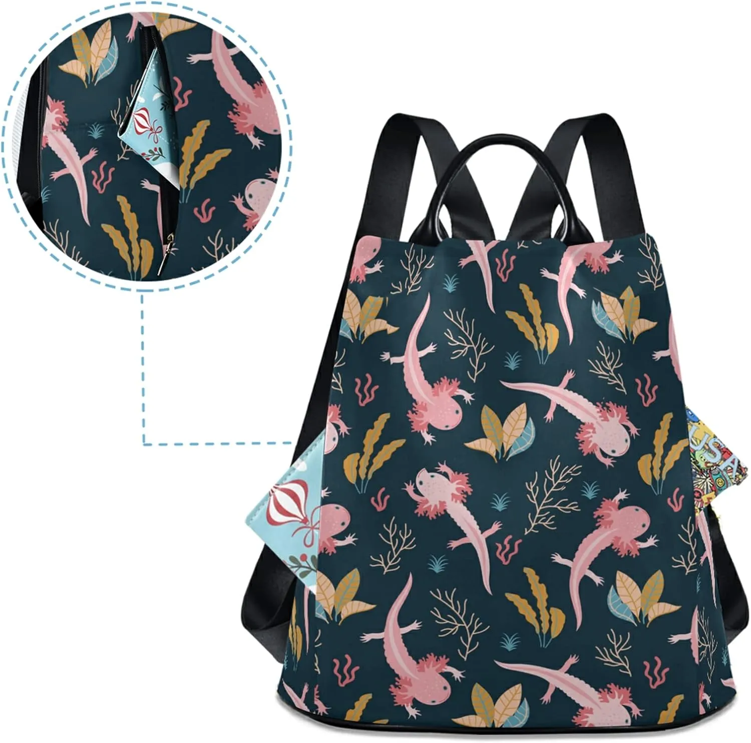 CBBYY Axolotl Backpack Purse for Women Nylon Anti-theft Travel Backpack Lightweight Shoulder Bag with Plush Ball Keychain