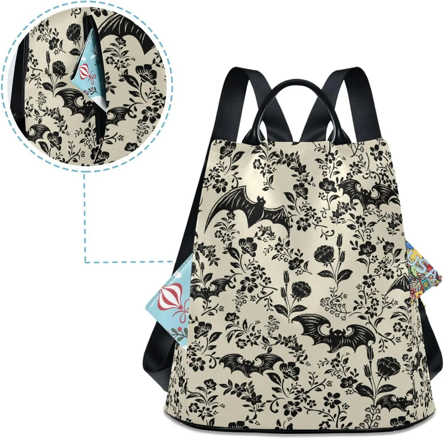 CBBYY Goth Bat Backpack Purse for Women Nylon Anti-theft Travel Backpack Lightweight Shoulder Bag with Plush Ball Keychain