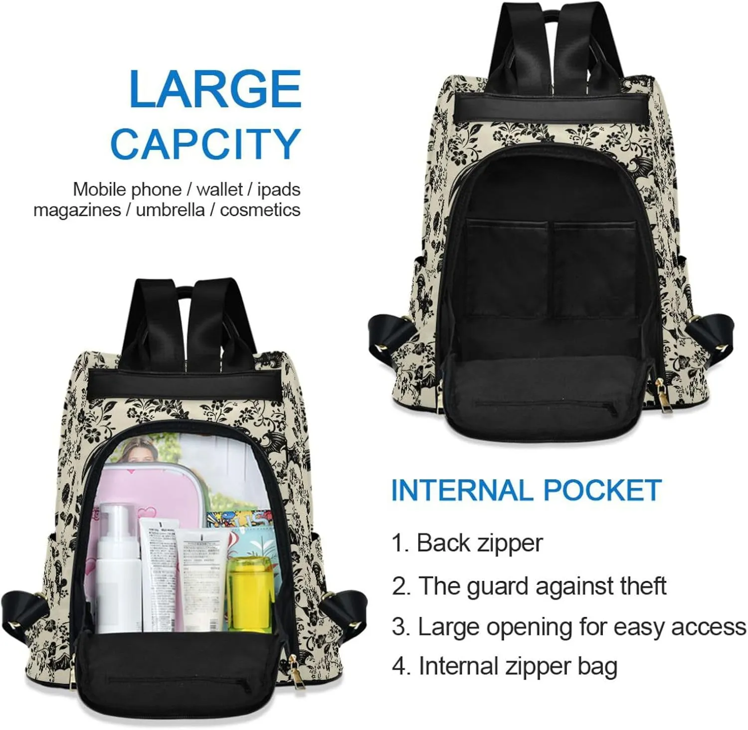 CBBYY Goth Bat Backpack Purse for Women Nylon Anti-theft Travel Backpack Lightweight Shoulder Bag with Plush Ball Keychain