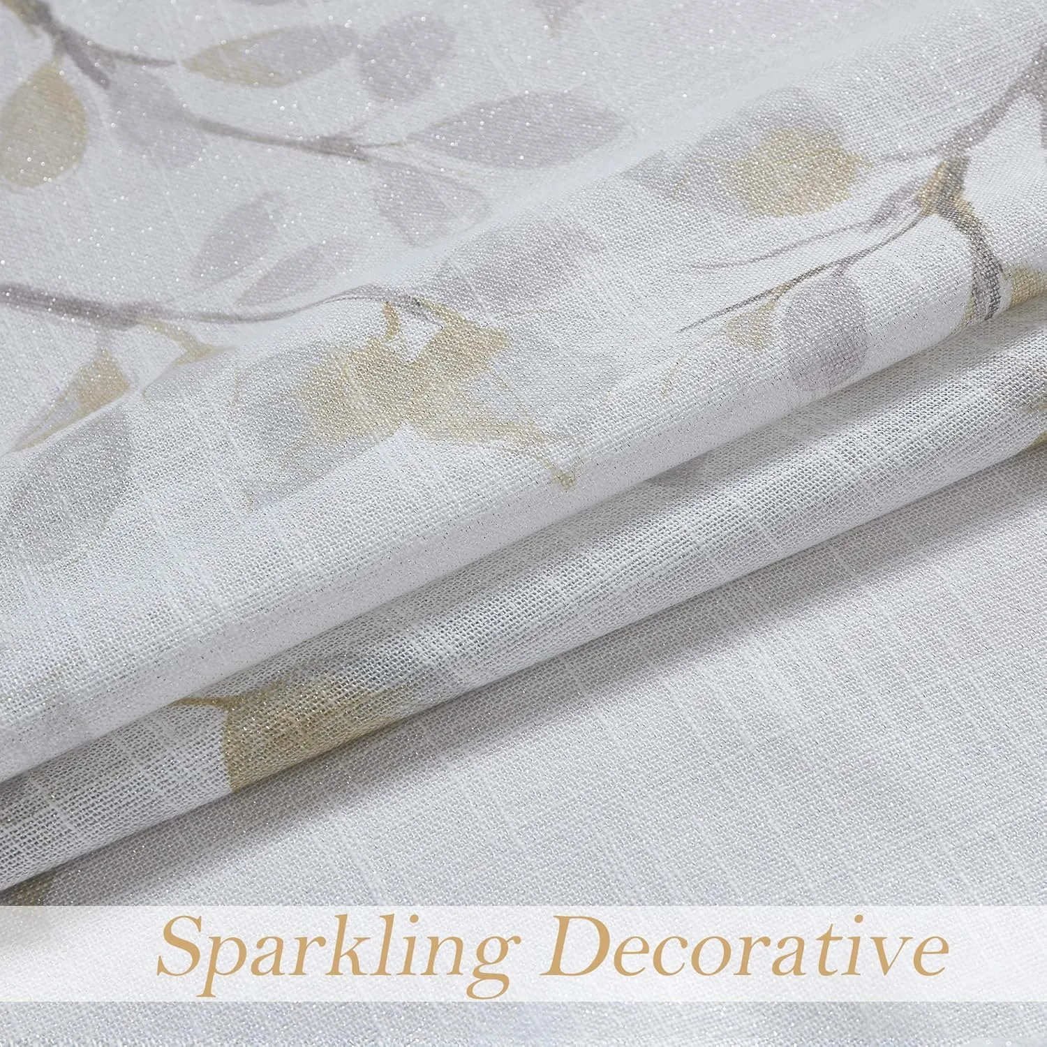Central Park Leaf Floral Print Metallic Sheer Linen Window Curtain Panel for Rustic Living Room/Bedroom Sparkling Decorative 6 Grommets Top Drape Panels Farmhouse Curtains, Yellow,40" x 84"x2, 2 PK