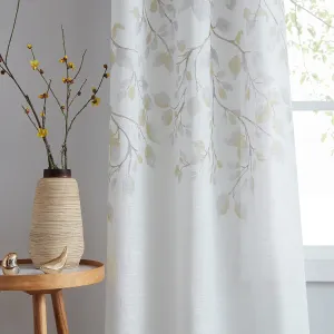 Central Park Leaf Floral Print Metallic Sheer Linen Window Curtain Panel for Rustic Living Room/Bedroom Sparkling Decorative 6 Grommets Top Drape Panels Farmhouse Curtains, Yellow,40" x 84"x2, 2 PK