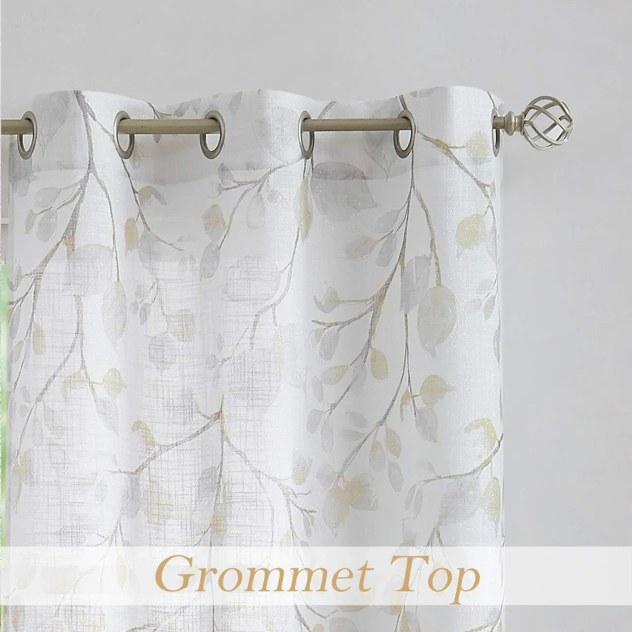 Central Park Leaf Floral Print Metallic Sheer Linen Window Curtain Panel for Rustic Living Room/Bedroom Sparkling Decorative 6 Grommets Top Drape Panels Farmhouse Curtains, Yellow,40" x 84"x2, 2 PK