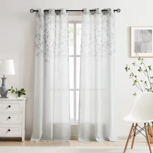Central Park Leaf Floral Print Metallic Sheer Window Curtain Panel for Rustic Living Room/Bedroom Sparkling Decorative 6 Grommets Top Drape Panels Farmhouse Curtains, Gray Tan,40" x 84"x2, 2 PK