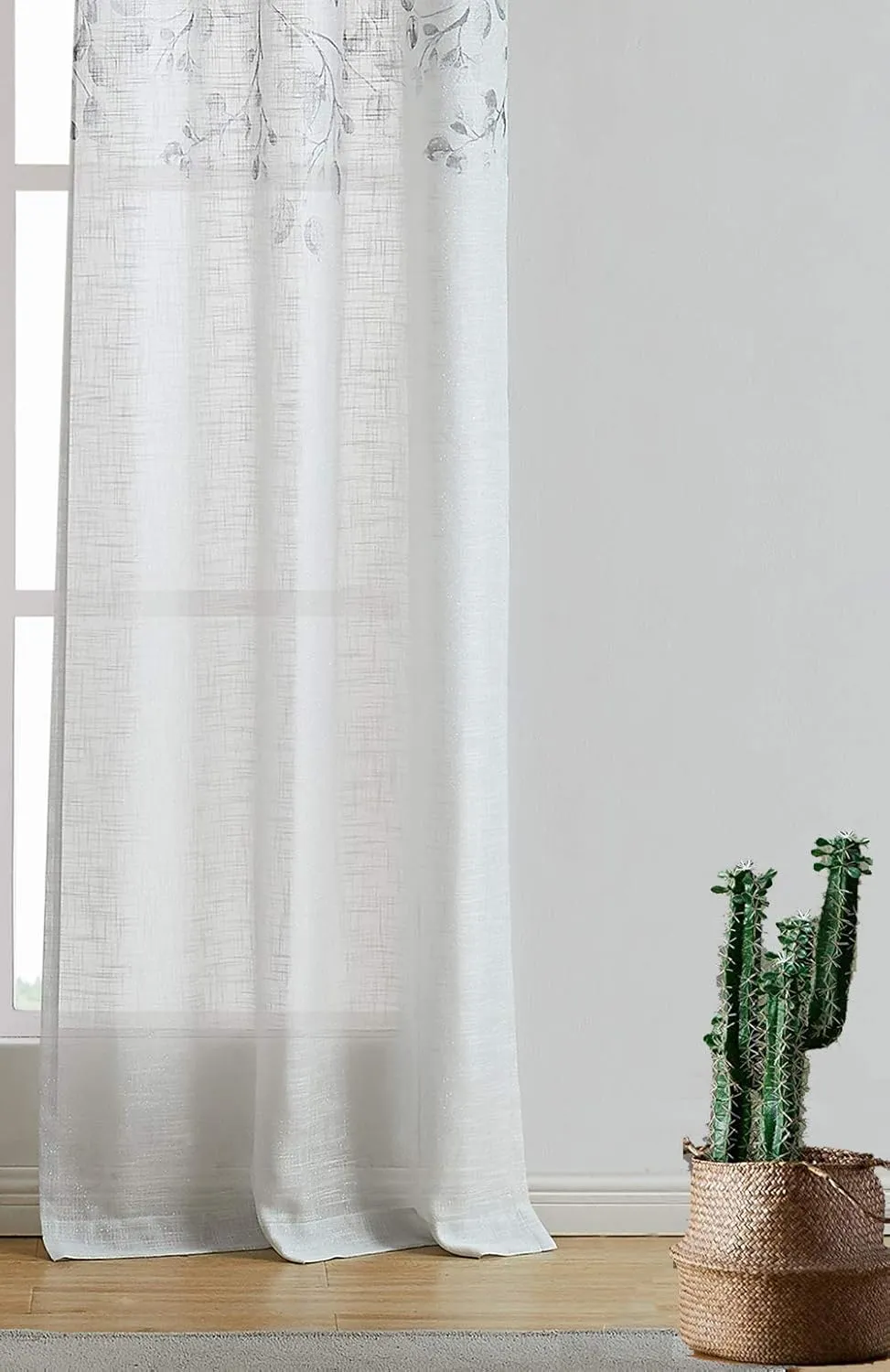 Central Park Leaf Floral Print Metallic Sheer Window Curtain Panel for Rustic Living Room/Bedroom Sparkling Decorative 6 Grommets Top Drape Panels Farmhouse Curtains, Gray Tan,40" x 84"x2, 2 PK