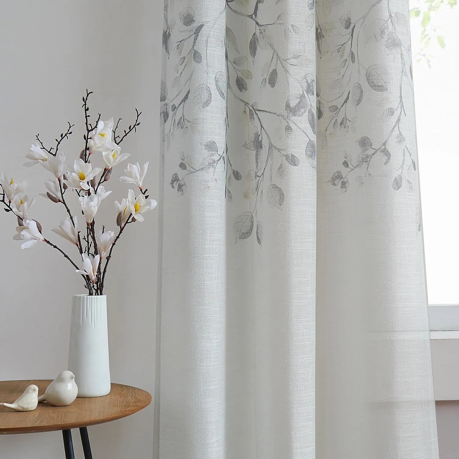 Central Park Leaf Floral Print Metallic Sheer Window Curtain Panel for Rustic Living Room/Bedroom Sparkling Decorative 6 Grommets Top Drape Panels Farmhouse Curtains, Gray Tan,40" x 84"x2, 2 PK