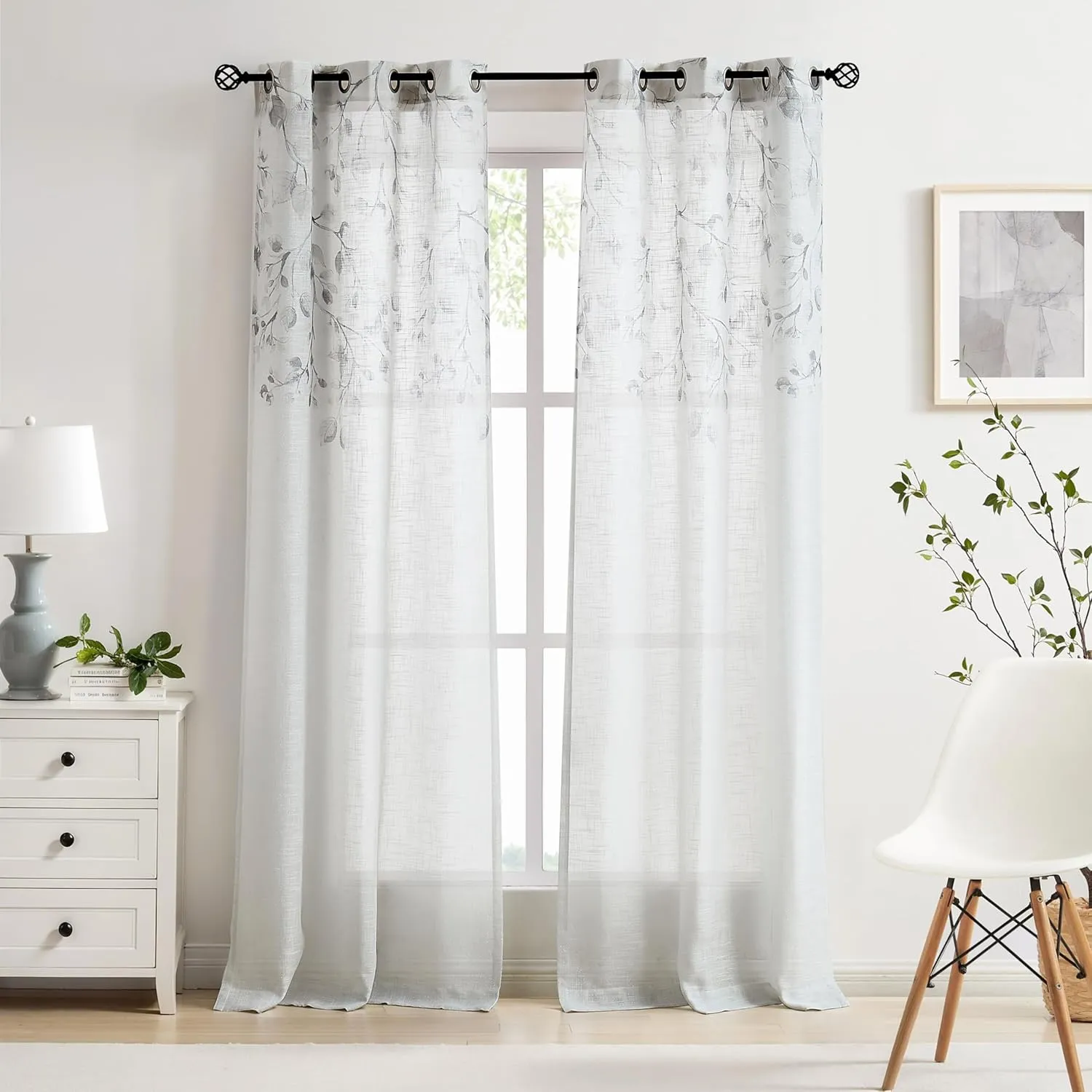 Central Park Leaf Floral Print Metallic Sheer Window Curtain Panel for Rustic Living Room/Bedroom Sparkling Decorative 6 Grommets Top Drape Panels Farmhouse Curtains, Gray Tan,40" x 84"x2, 2 PK