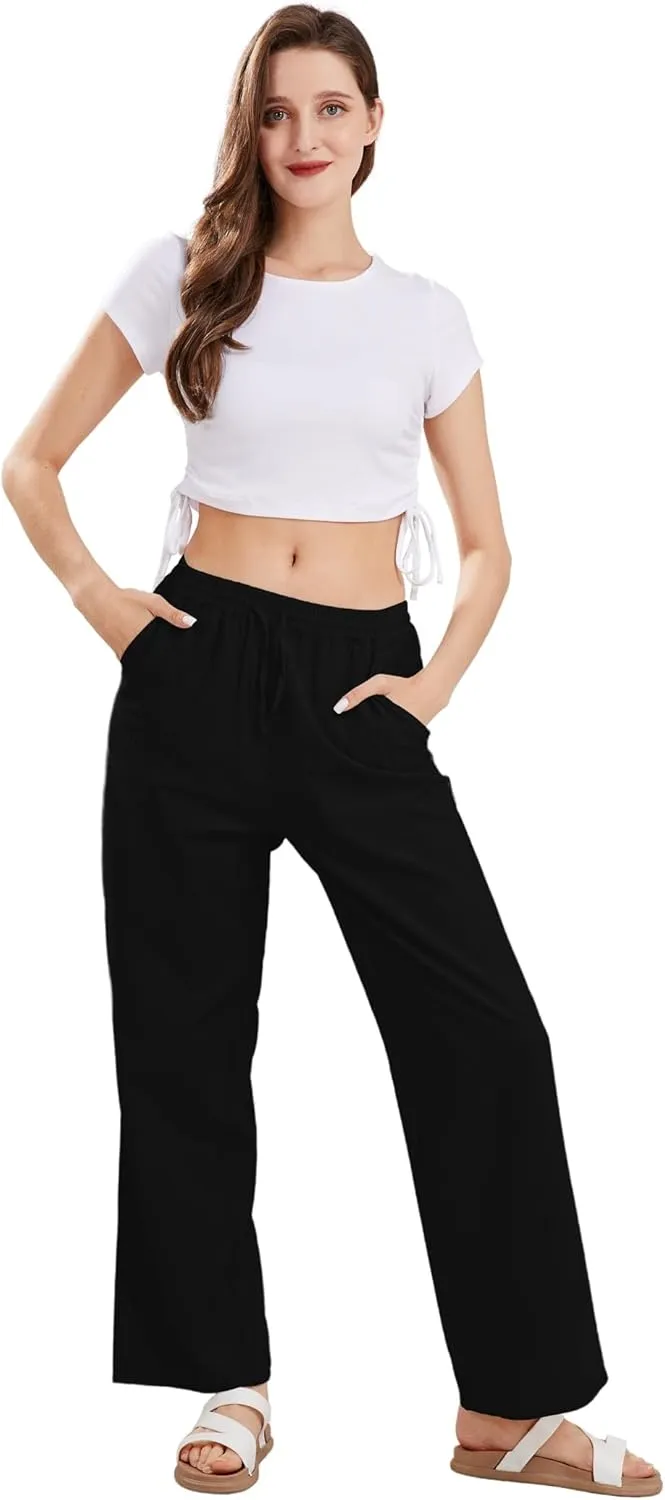 CHARTOU Women's Summer Drawstring Waist Wide Leg Loose Cotton Linen Palazzo Pants