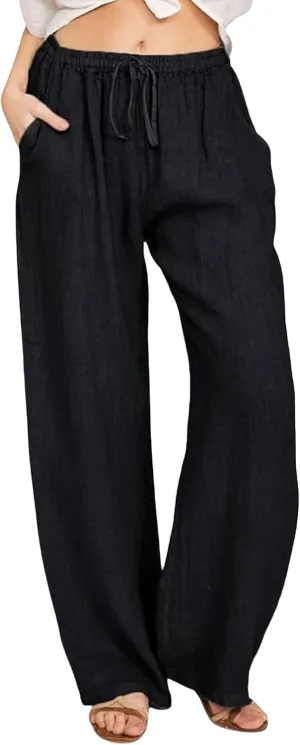 CHARTOU Women's Summer Drawstring Waist Wide Leg Loose Cotton Linen Palazzo Pants