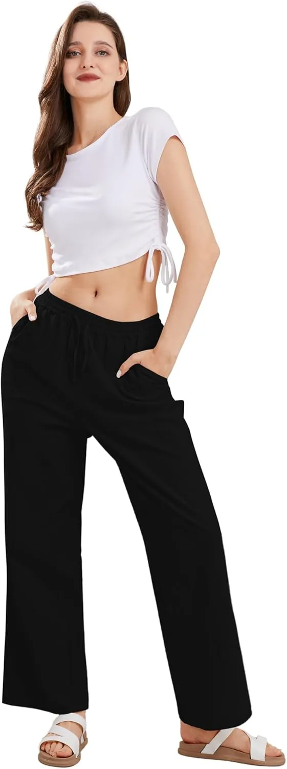 CHARTOU Women's Summer Drawstring Waist Wide Leg Loose Cotton Linen Palazzo Pants