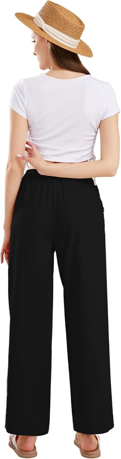 CHARTOU Women's Summer Drawstring Waist Wide Leg Loose Cotton Linen Palazzo Pants