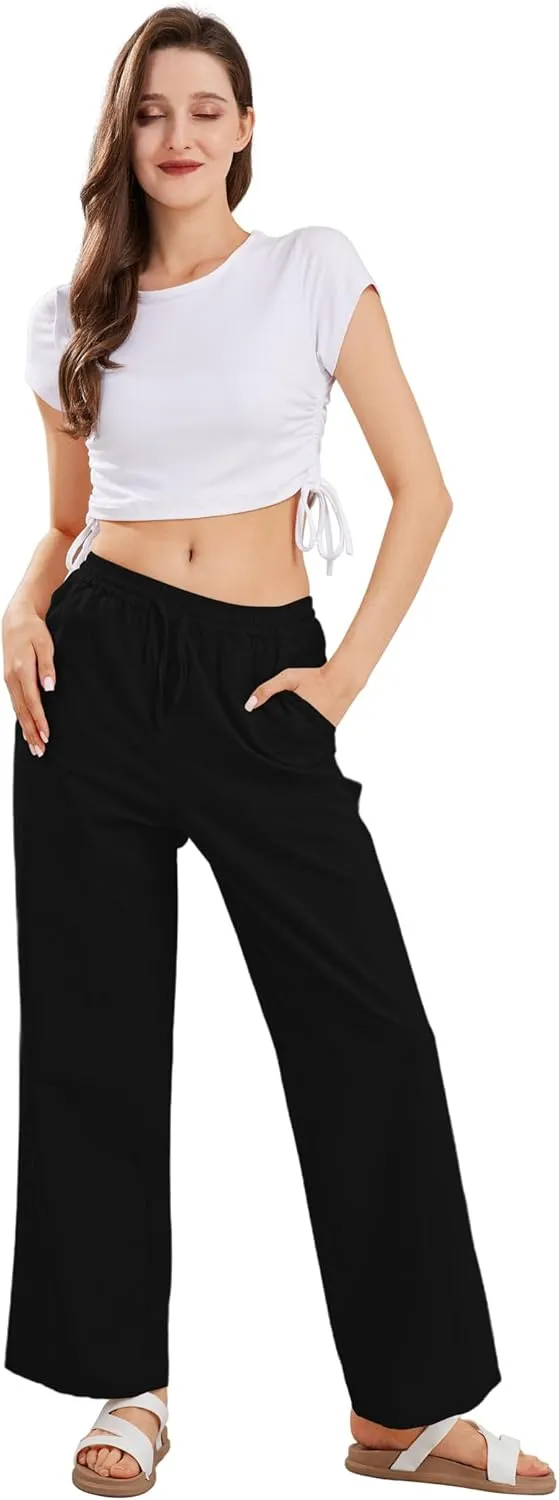 CHARTOU Women's Summer Drawstring Waist Wide Leg Loose Cotton Linen Palazzo Pants