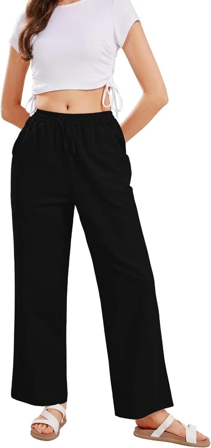 CHARTOU Women's Summer Drawstring Waist Wide Leg Loose Cotton Linen Palazzo Pants