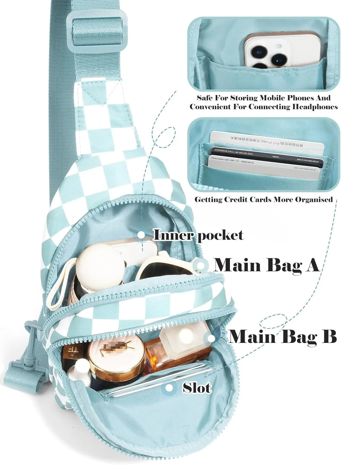 Checkered Sling Bag for Women Small Backpack Crossbody Chest Bag Fanny Packs Purses (Checkered Sling Bag - Ice Blue)