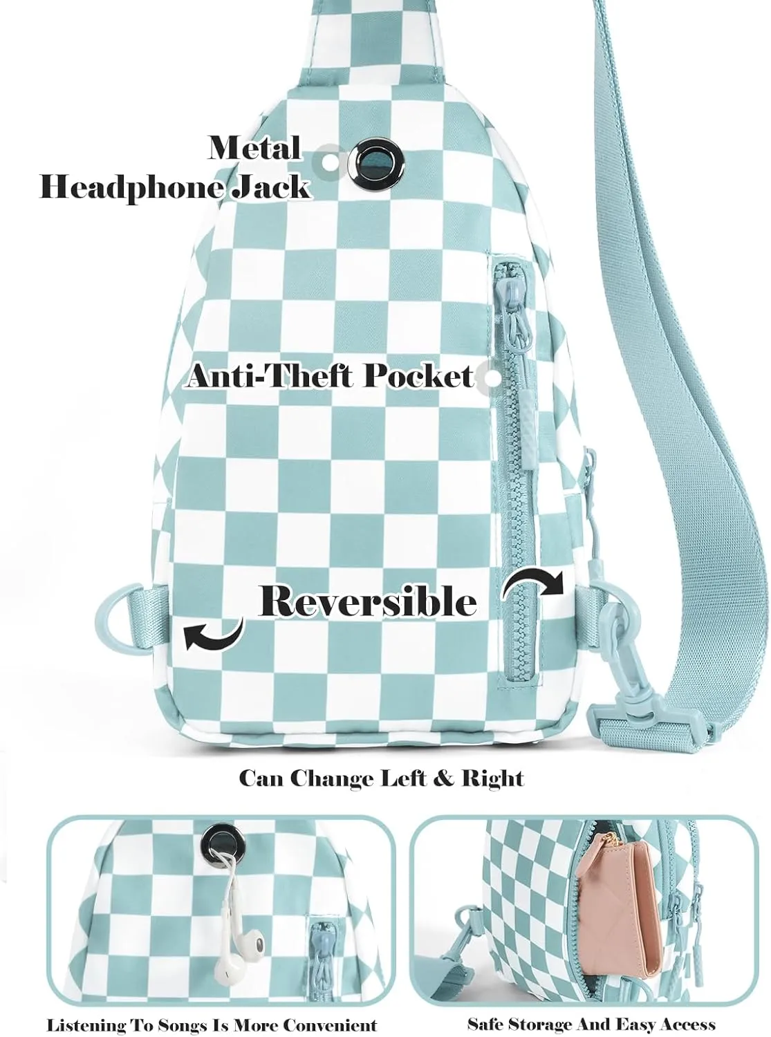 Checkered Sling Bag for Women Small Backpack Crossbody Chest Bag Fanny Packs Purses (Checkered Sling Bag - Ice Blue)