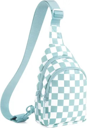 Checkered Sling Bag for Women Small Backpack Crossbody Chest Bag Fanny Packs Purses (Checkered Sling Bag - Ice Blue)
