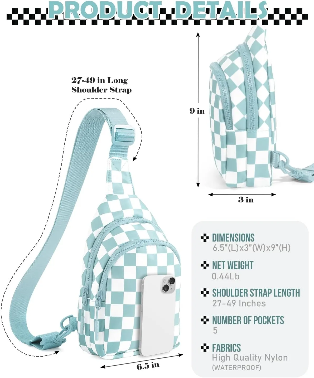 Checkered Sling Bag for Women Small Backpack Crossbody Chest Bag Fanny Packs Purses (Checkered Sling Bag - Ice Blue)