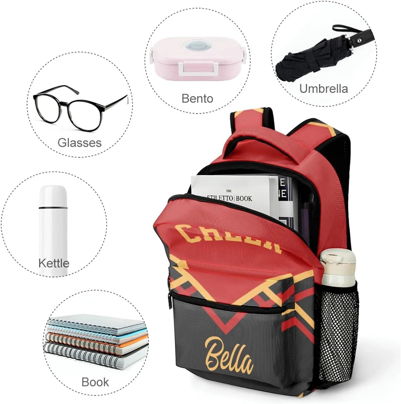 Cheerleaders Red Yellow Backpack Personalized Name Laptop Travel Hiking Camping Daypack
