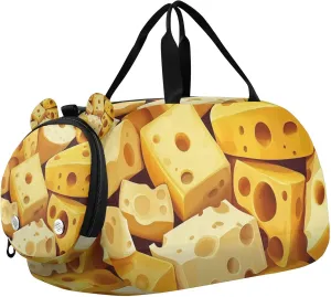 Cheese Light Yellow Duffle Bag for Kids Girls Boys, Sports Gym Bag with Shoe Compartments, Kids Travel Overnight Weekender Shoulder Bag
