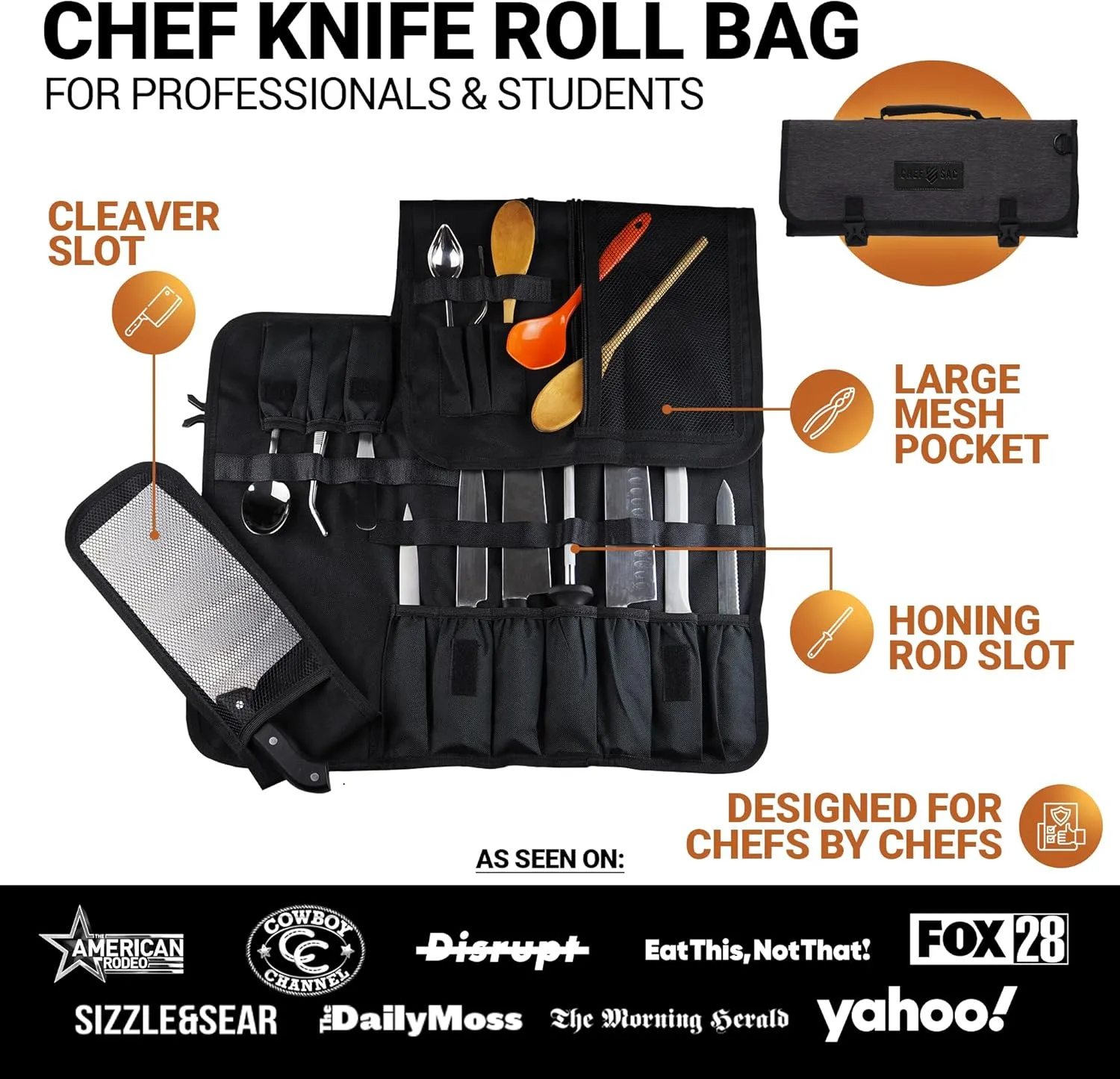 Chef Knife Roll Bag | 8  Slots for Knives & Kitchen Tools | Water Resistant Knife Bag | Knife Carrying Case Only, Tools Not Included | Chef Knife Bag for Professional Chefs & Culinary Students (Black)