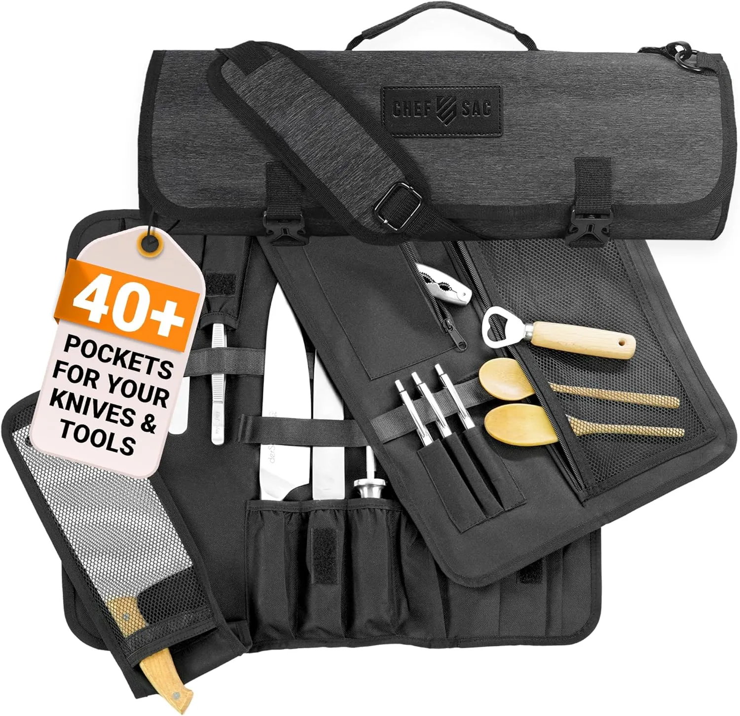 Chef Knife Roll Bag | 8  Slots for Knives & Kitchen Tools | Water Resistant Knife Bag | Knife Carrying Case Only, Tools Not Included | Chef Knife Bag for Professional Chefs & Culinary Students (Black)