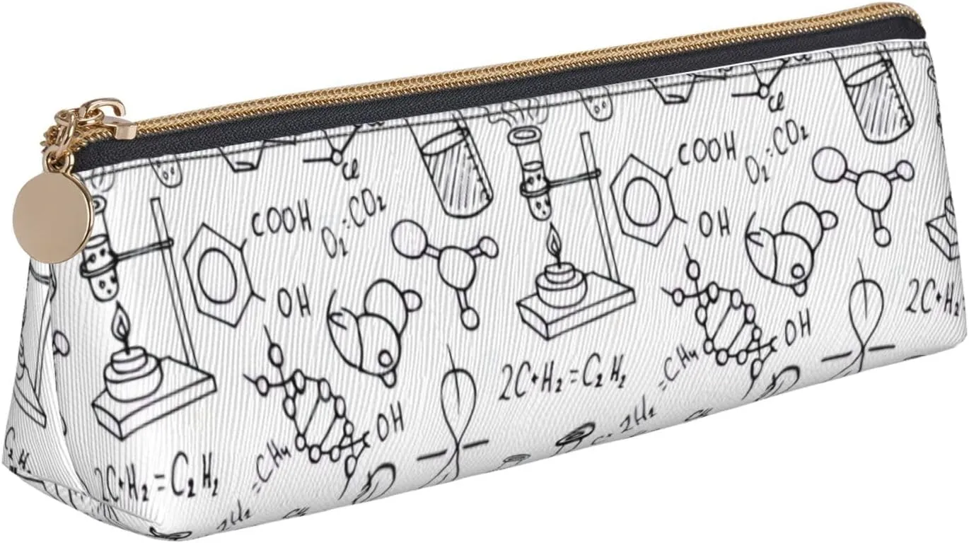 Chemistry Print Triangle Leather Case Multi Functional Cosmetic Bag Portable Makeup and Stationery Storage Bag ﻿