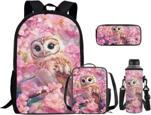 Cherry Blossom Owl Girls Backpack 5Th with Lunch Box Elementary School Backpack for Girls Boys with Lunch Bag Water Bottle Sleeves Pencil Case Personalized Customized Service