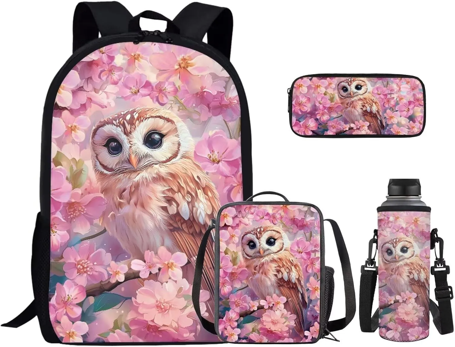 Cherry Blossom Owl Girls Backpack 5Th with Lunch Box Elementary School Backpack for Girls Boys with Lunch Bag Water Bottle Sleeves Pencil Case Personalized Customized Service