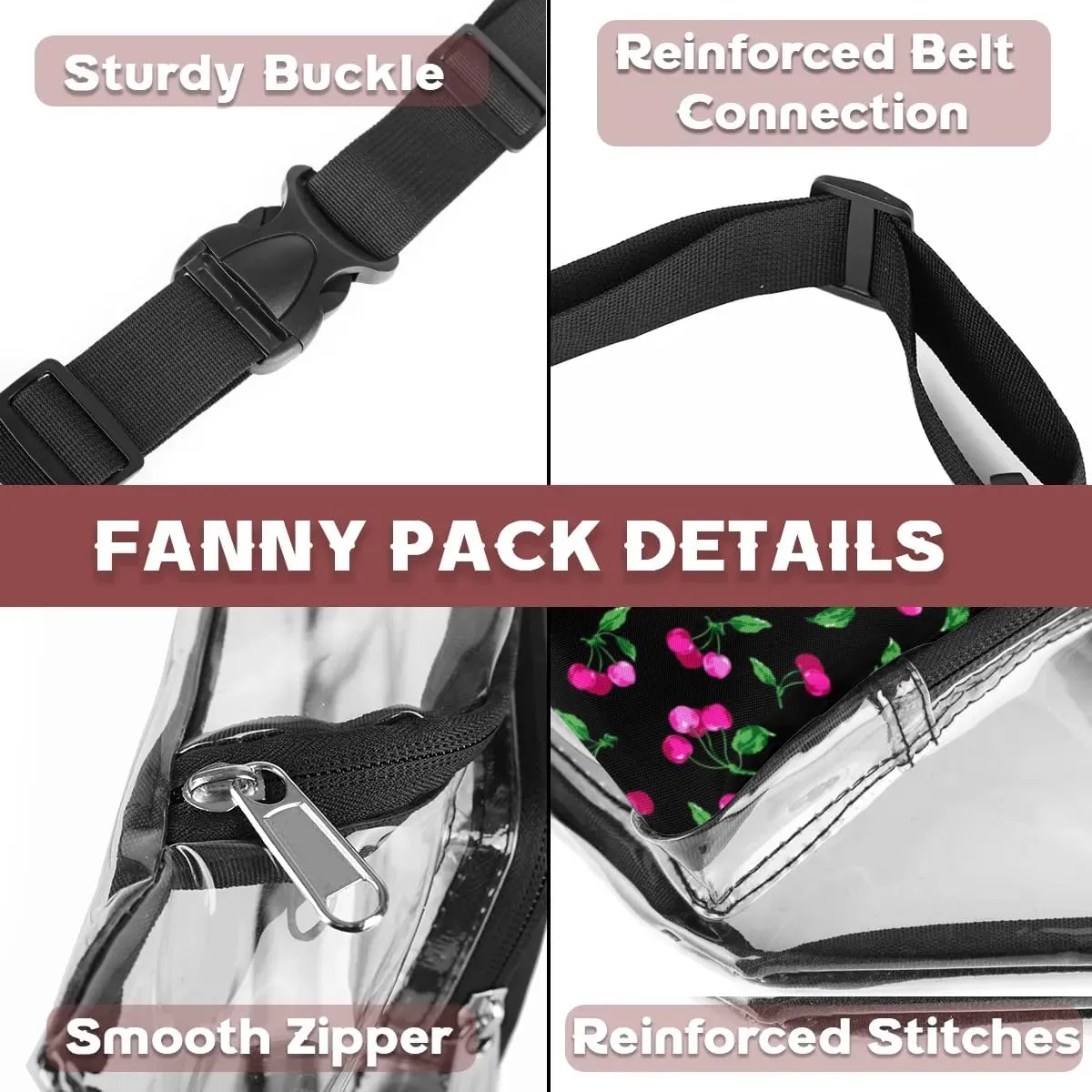 Cherry Fruits Clear Fanny Pack Stadium Approved Clear Crossbody Belt Bag for Women Men Transparent Waist Bag with Adjustable Strap for Concerts Sports Events Travel