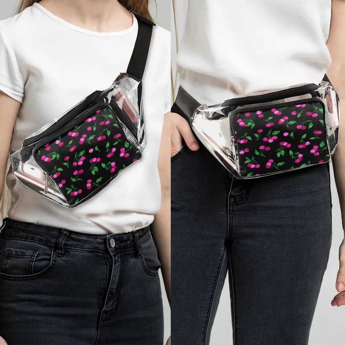 Cherry Fruits Clear Fanny Pack Stadium Approved Clear Crossbody Belt Bag for Women Men Transparent Waist Bag with Adjustable Strap for Concerts Sports Events Travel