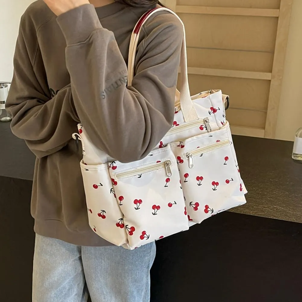 Cherry Tote Bags for Women - Coquette Handbag Large Capacity Cherry Crossbody Work Tote Purse Nylon Shoulder Bag