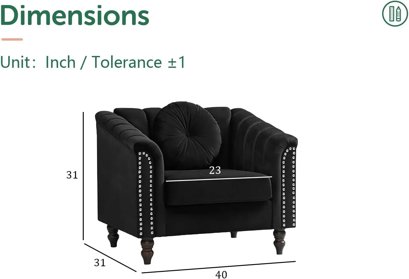 Chesterfield Chair Couch, 40 Inch Luxurious Velvet Single Chair Chesterfield Settee Sofa Upholstered Rolled Arm with Rivets/Button Tufted Pillow, Modern Sofa for Living Room，Black