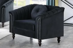 Chesterfield Chair Couch, 40 Inch Luxurious Velvet Single Chair Chesterfield Settee Sofa Upholstered Rolled Arm with Rivets/Button Tufted Pillow, Modern Sofa for Living Room，Black