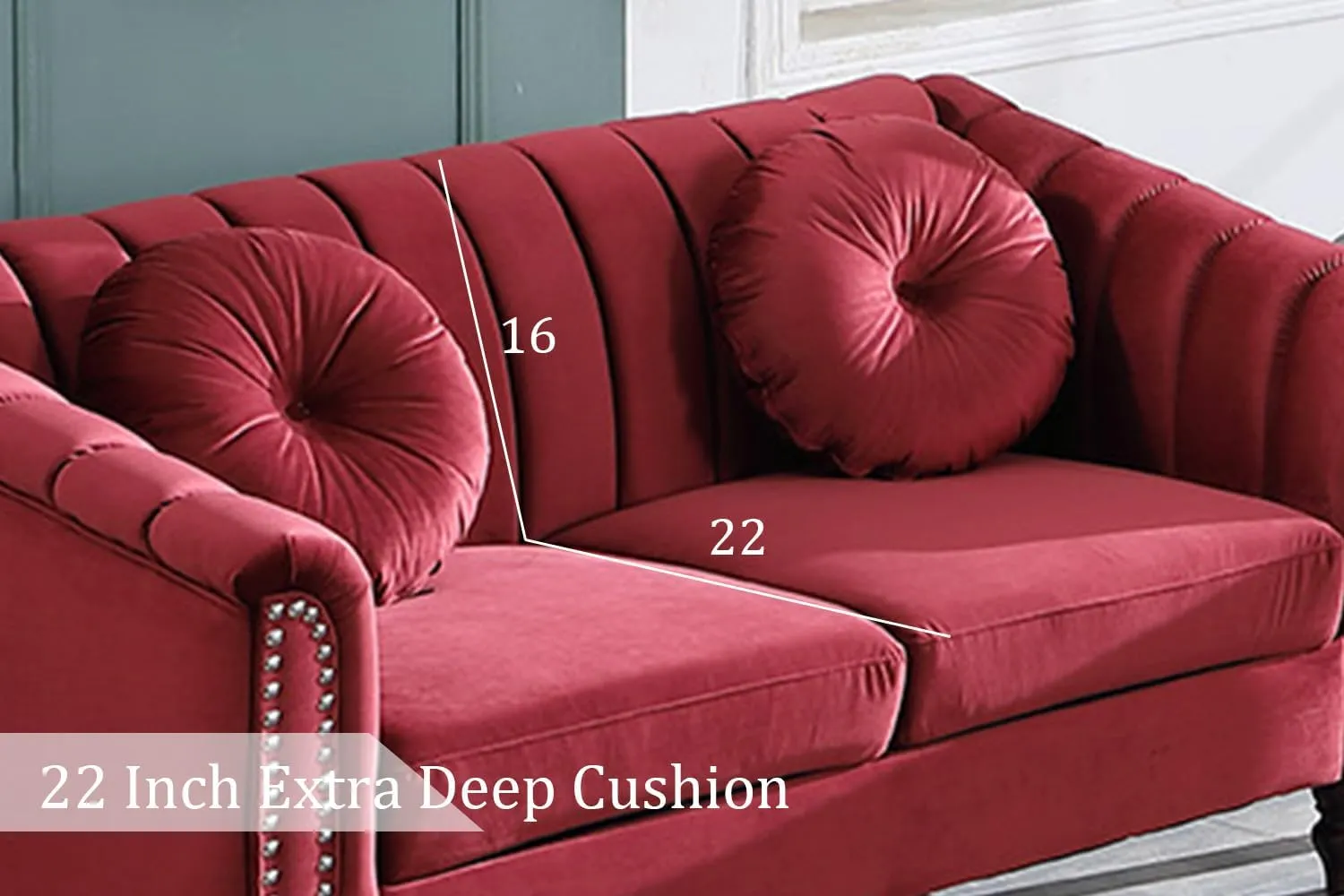 Chesterfield Chair Couch, 40 Inch Luxurious Velvet Single Chair Chesterfield Settee Sofa Upholstered Rolled Arm with Rivets/Button Tufted Pillow, Modern Sofa for Living Room，Red