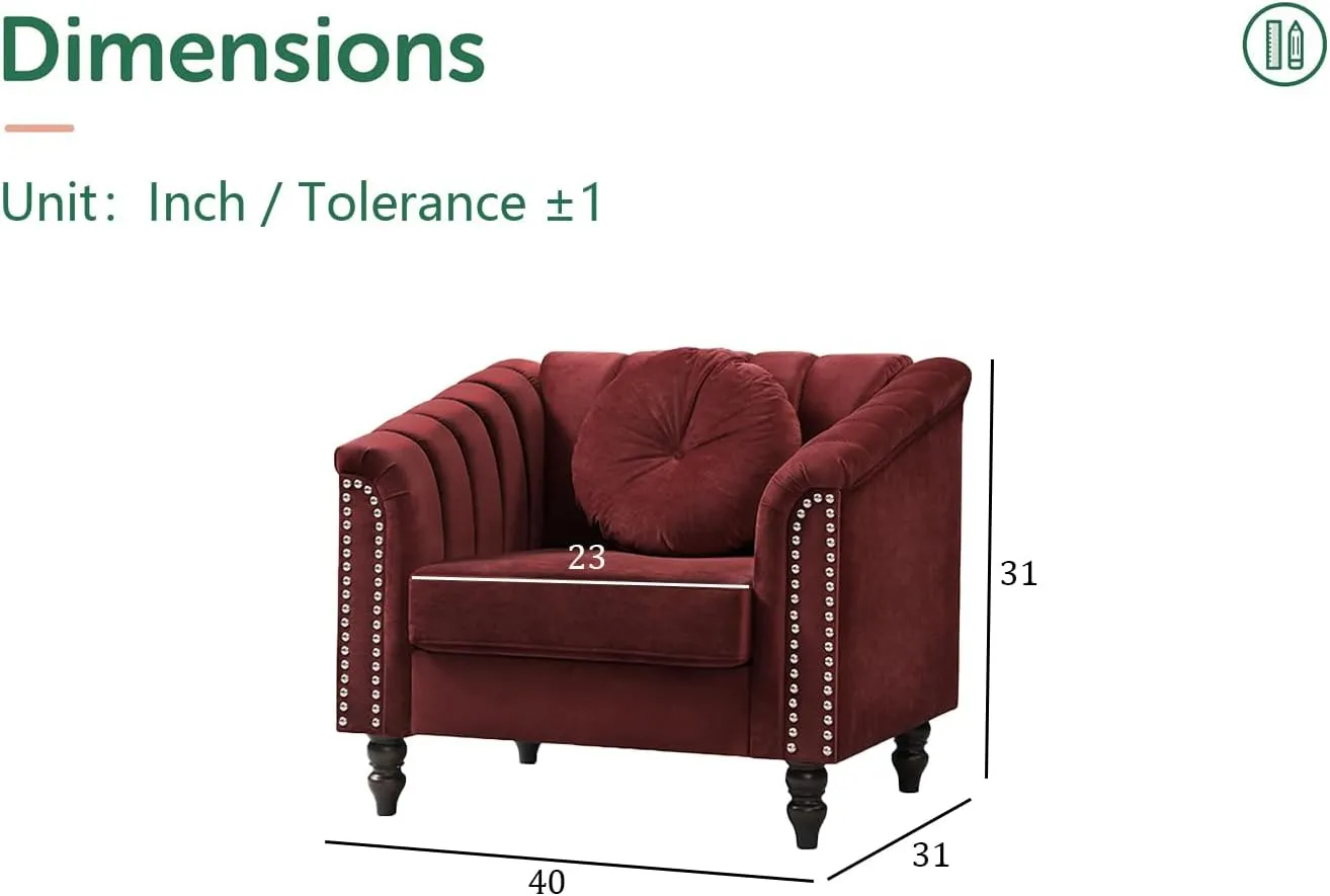 Chesterfield Chair Couch, 40 Inch Luxurious Velvet Single Chair Chesterfield Settee Sofa Upholstered Rolled Arm with Rivets/Button Tufted Pillow, Modern Sofa for Living Room，Red