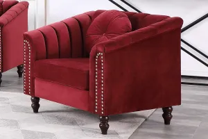 Chesterfield Chair Couch, 40 Inch Luxurious Velvet Single Chair Chesterfield Settee Sofa Upholstered Rolled Arm with Rivets/Button Tufted Pillow, Modern Sofa for Living Room，Red