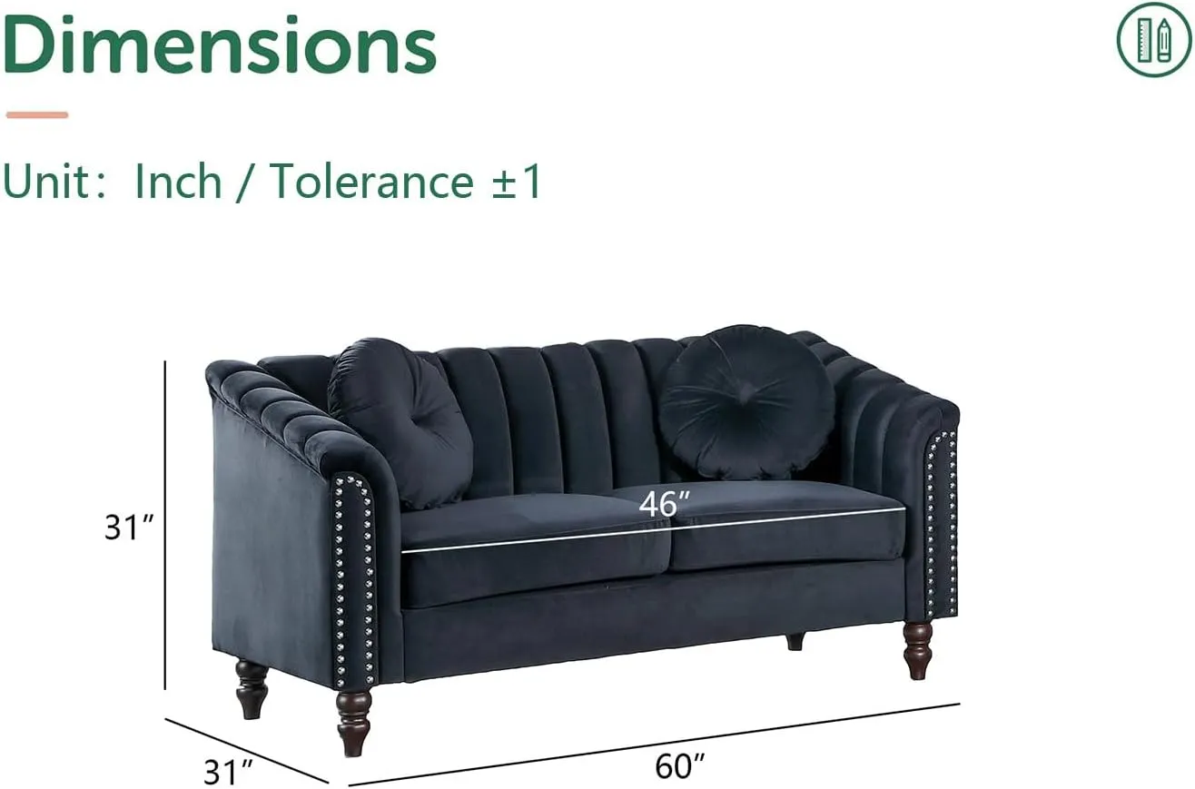 Chesterfield Loveseat Couch, 60 Inch Luxurious Velvet Modern Love Seat Chesterfield Settee Sofa Upholstered Rolled Arm with Rivets/2 Button Tufted Pillow 2 Seater Sofa for Living Room，Black