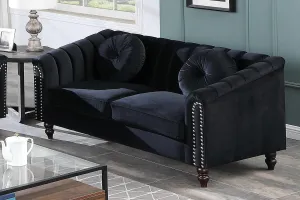 Chesterfield Loveseat Couch, 60 Inch Luxurious Velvet Modern Love Seat Chesterfield Settee Sofa Upholstered Rolled Arm with Rivets/2 Button Tufted Pillow 2 Seater Sofa for Living Room，Black