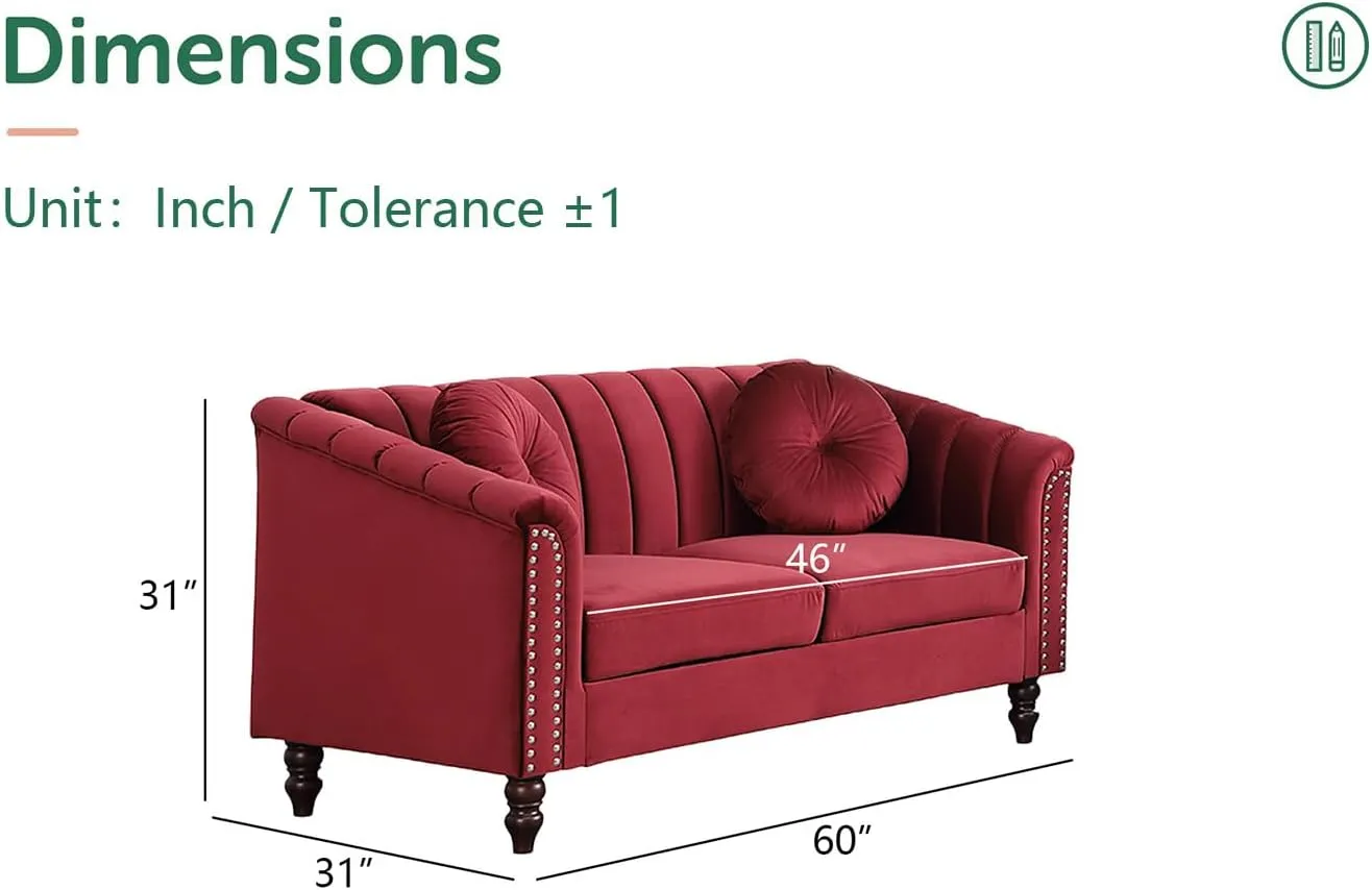 Chesterfield Loveseat Couch, 60 Inch Luxurious Velvet Modern Love Seat Chesterfield Settee Sofa Upholstered Rolled Arm with Rivets/2 Button Tufted Pillow 2 Seater Sofa for Living Room,Red