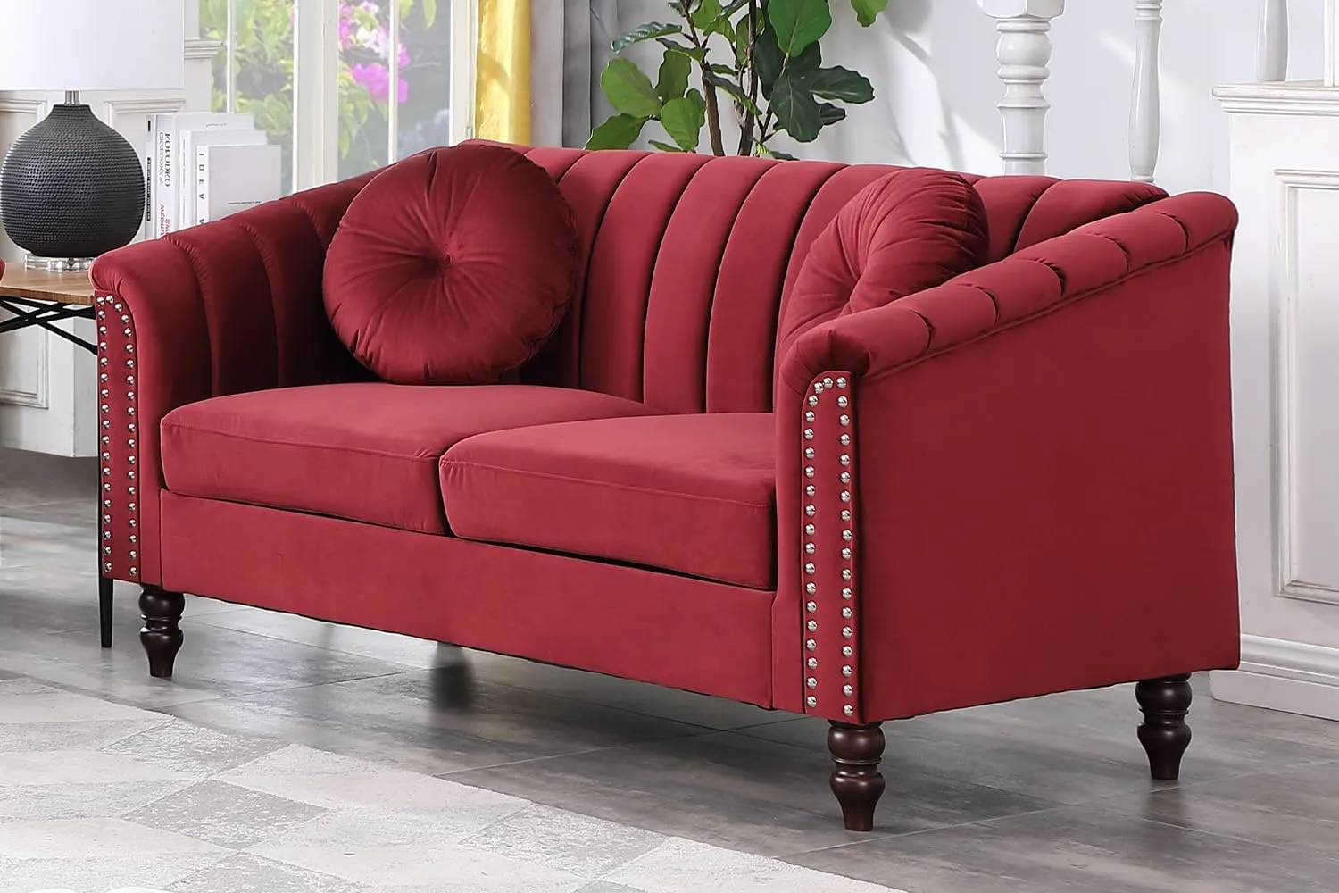 Chesterfield Loveseat Couch, 60 Inch Luxurious Velvet Modern Love Seat Chesterfield Settee Sofa Upholstered Rolled Arm with Rivets/2 Button Tufted Pillow 2 Seater Sofa for Living Room,Red