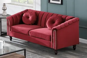 Chesterfield Loveseat Couch, 60 Inch Luxurious Velvet Modern Love Seat Chesterfield Settee Sofa Upholstered Rolled Arm with Rivets/2 Button Tufted Pillow 2 Seater Sofa for Living Room,Red