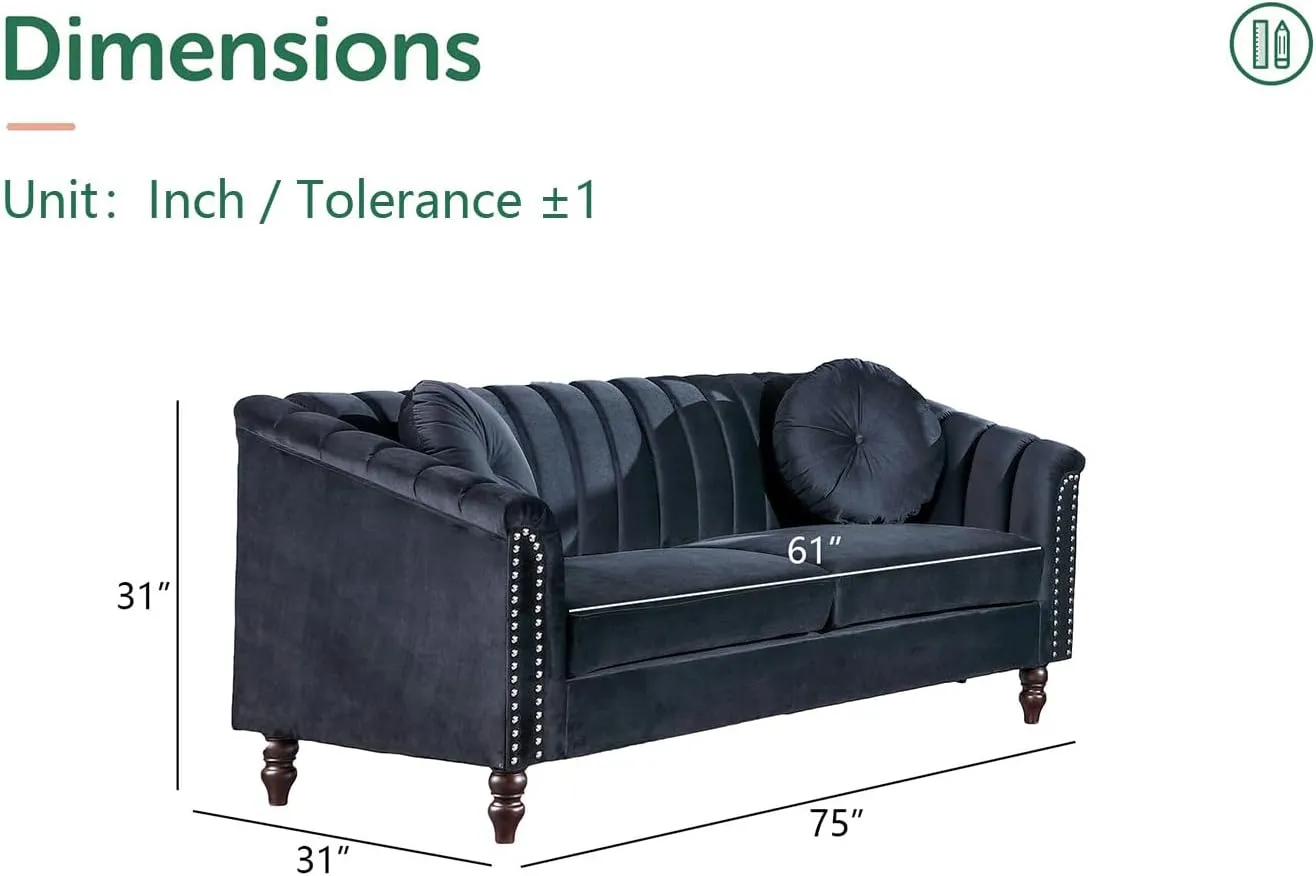 Chesterfield Loveseat Couch, 75 Inch Luxurious Velvet Modern Love Seat Chesterfield Settee Sofa Upholstered Rolled Arm with Rivets/2 Button Tufted Pillow 3 Seater Sofa for Living Room，Black