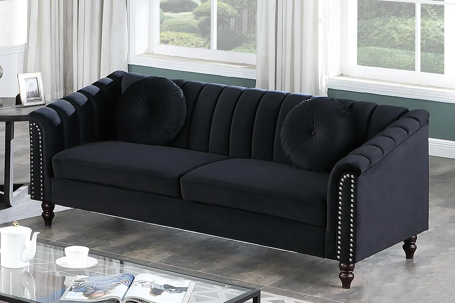 Chesterfield Loveseat Couch, 75 Inch Luxurious Velvet Modern Love Seat Chesterfield Settee Sofa Upholstered Rolled Arm with Rivets/2 Button Tufted Pillow 3 Seater Sofa for Living Room，Black