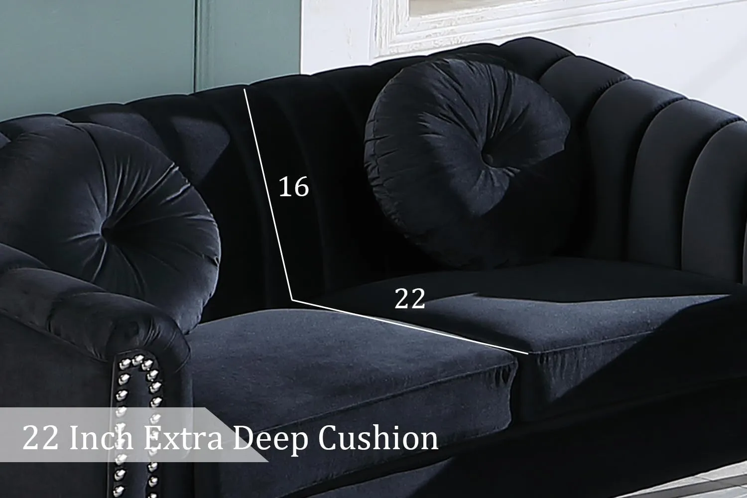 Chesterfield Loveseat Couch, 75 Inch Luxurious Velvet Modern Love Seat Chesterfield Settee Sofa Upholstered Rolled Arm with Rivets/2 Button Tufted Pillow 3 Seater Sofa for Living Room，Black