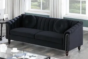 Chesterfield Loveseat Couch, 75 Inch Luxurious Velvet Modern Love Seat Chesterfield Settee Sofa Upholstered Rolled Arm with Rivets/2 Button Tufted Pillow 3 Seater Sofa for Living Room，Black