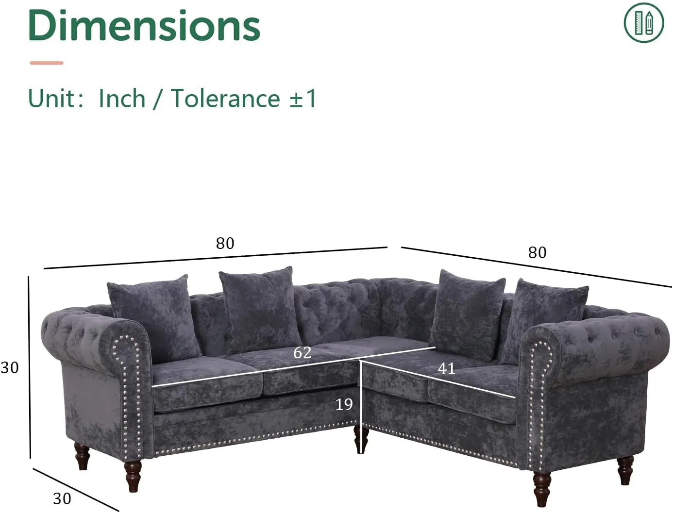Chesterfield Sectional Sofa,Deep 80 Inch Luxurious L Shaped Couch Button Tufted Velvet Sofa/Upholstered Rolled Arm with Rivets/Chesterfield Settee Modern 5 Seater Sofa for Living Room，Black