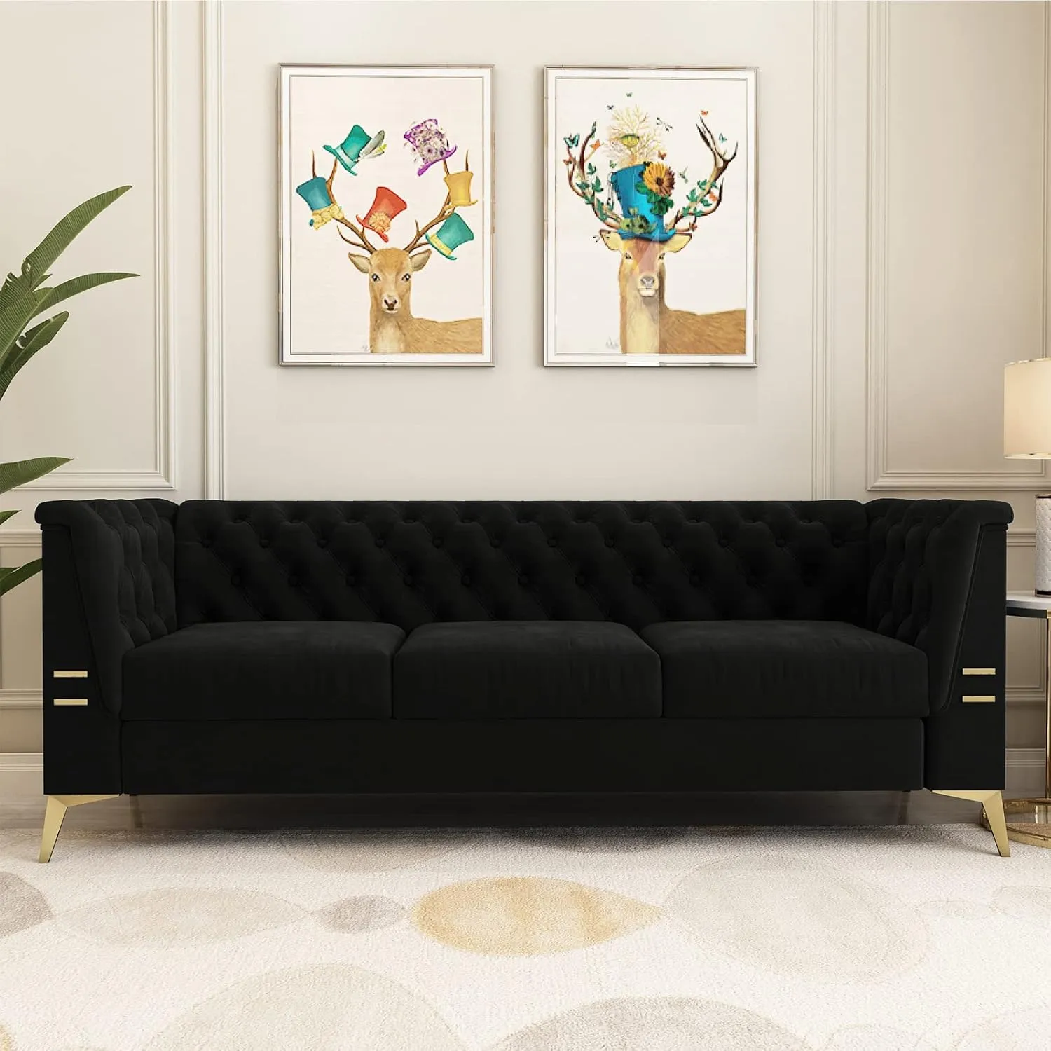 Chesterfield Sofa, 82" Velvet Upholstered 3 Seater Couches with Flared Arms and Removable Cushions, Mid-Century Modern Sofa Couch with Solid Wood Frame and Gold Legs for Living Room (Black)