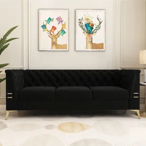 Chesterfield Sofa, 82" Velvet Upholstered 3 Seater Couches with Flared Arms and Removable Cushions, Mid-Century Modern Sofa Couch with Solid Wood Frame and Gold Legs for Living Room (Black)